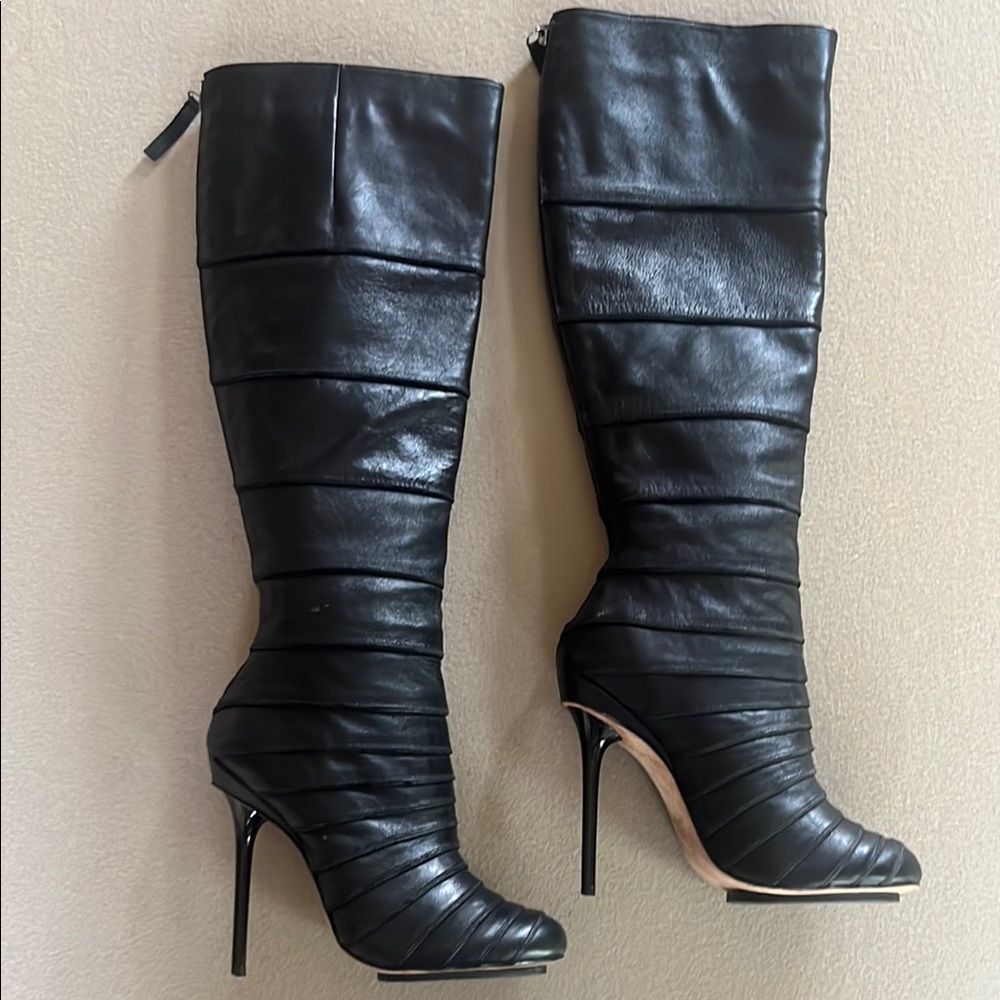 Black Leather Knee-High Stiletto Boots
